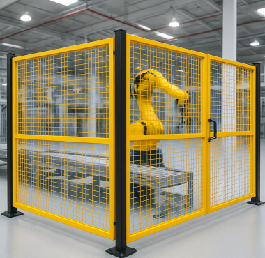 รั้วนิรภัยตะแกรงเหล็กสีเหลืองพร้อมประตู กั้นพื้นที่แขนกลอุตสาหกรรมภายในโรงงาน พื้นที่สะอาดและปลอดภัย